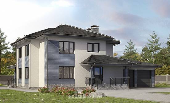 340-005-П Проект двухэтажного дома и гаражом, уютный коттедж из теплоблока Тольятти | Проекты домов от House Expert