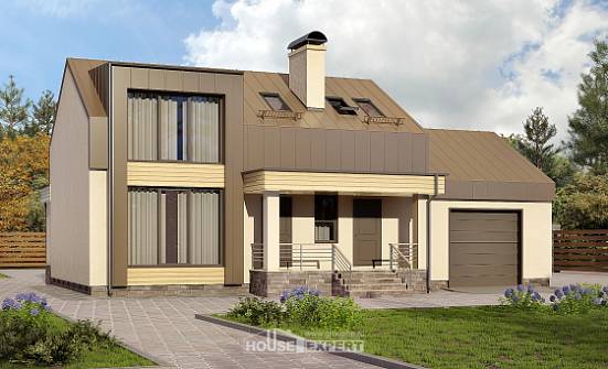 150-015-Л Проект двухэтажного дома мансардный этаж и гаражом, бюджетный загородный дом из газобетона Тольятти | Проекты домов от House Expert