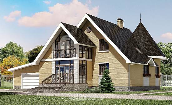 250-001-Л Проект двухэтажного дома с мансардой и гаражом, простой коттедж из бризолита, Тольятти